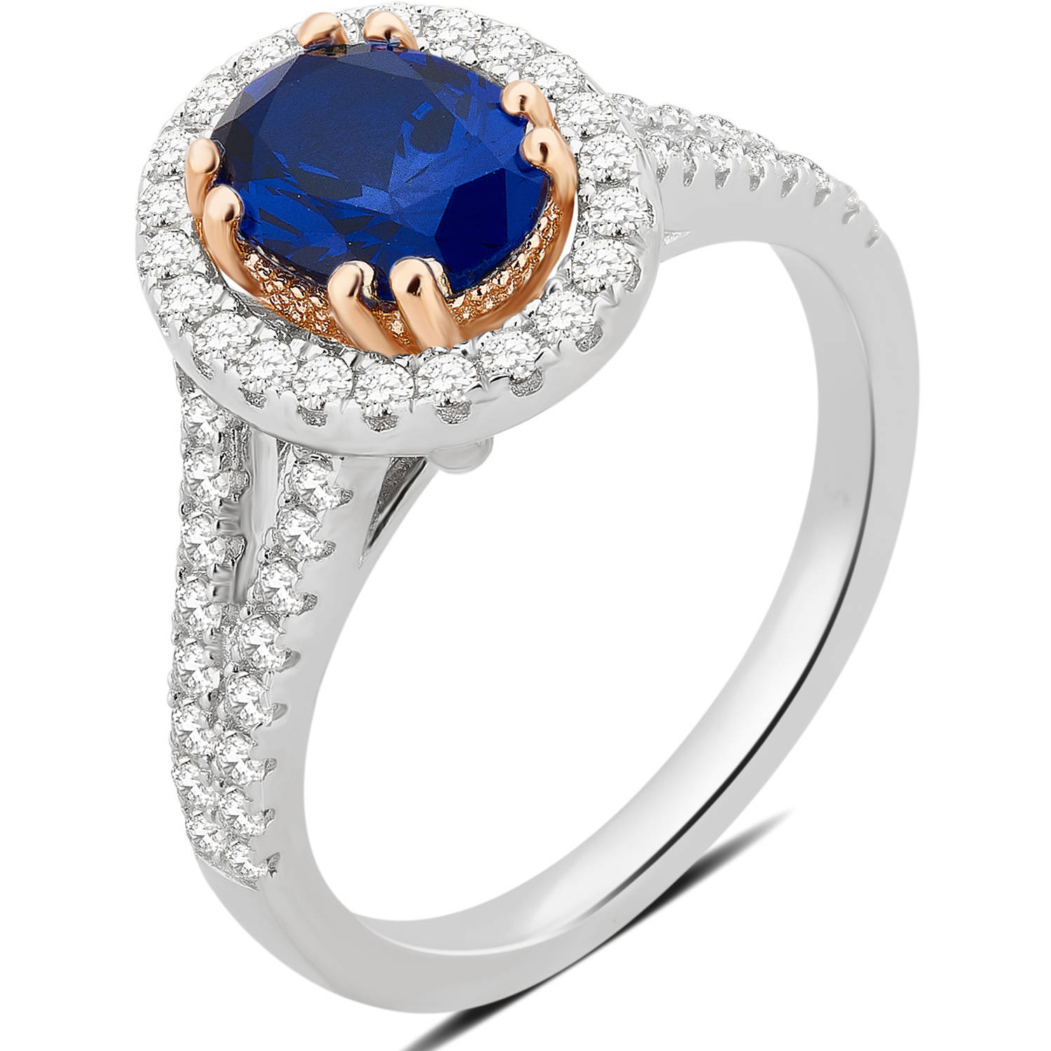 Created Blue and White Sapphire Gemstone Two tone Sterling Silver Split Shank Ring