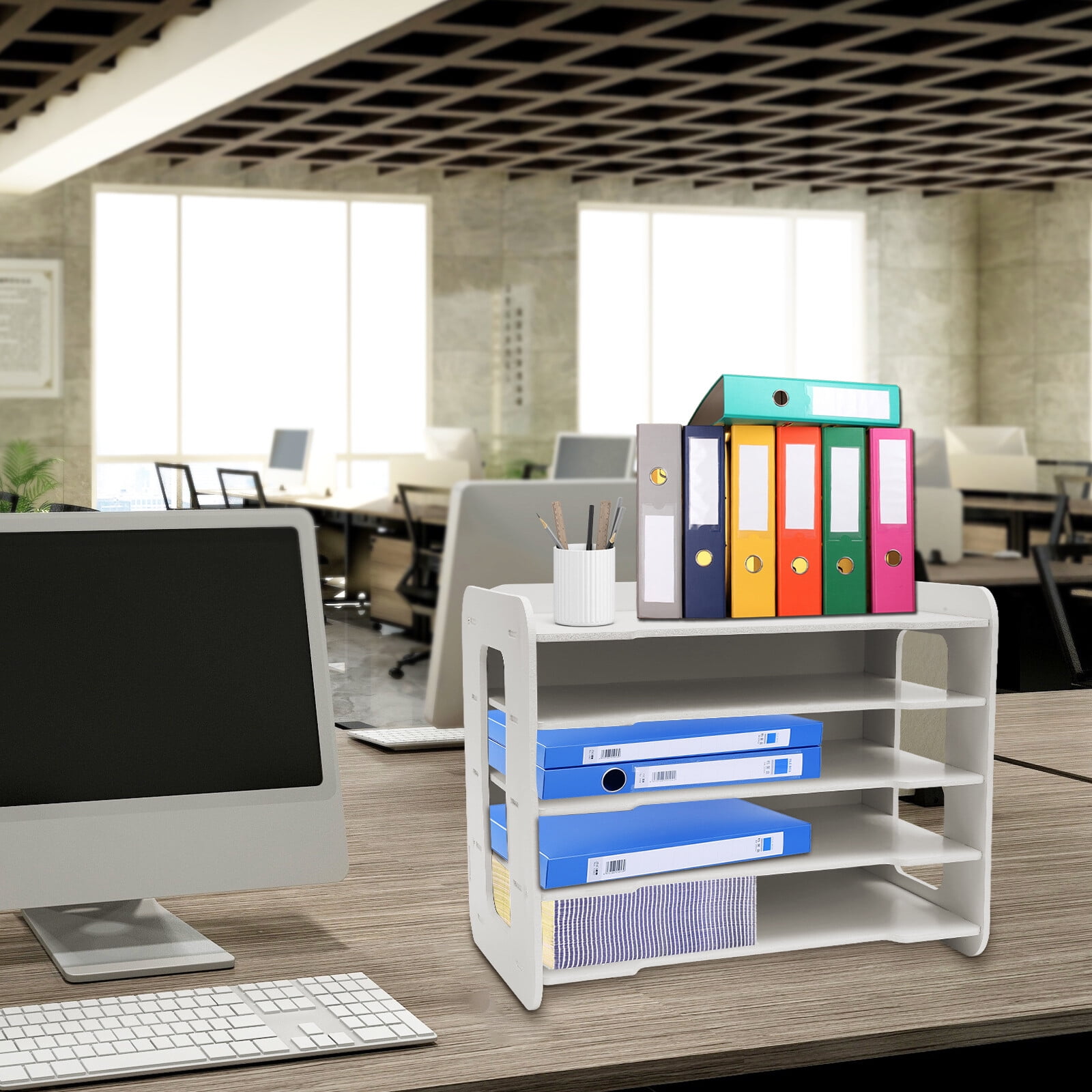 13.39*10.24*10.43 White Desk Paper Organizer with 5 Tier Storage Shelf Desktop File Holder Document Rack