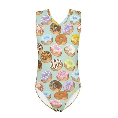 FOR U DESIGNS Doughnut One Piece Swimsuit Teenagers Kids Girls V-Neck Bodysuit Stretchy Sleeveless Bathing Suit Quick Dry Activewear Size 9-10 Years