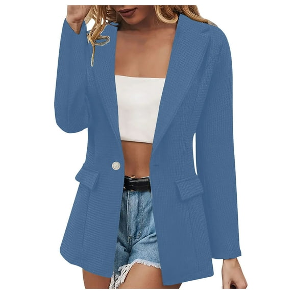 tklpehg Women's Blazers & Suit Jackets Lightweight Blazer Open Front Button Suits Work Office Jackets Overcoat Fall Coat Long Sleeve Leisure Solid Color Loose Outwear Blue S