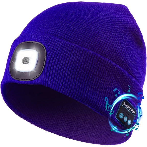 Winter Knitted Beanie Hat, Bluetooth Tech Musical Hat with 4 LED Headlamp for Men Women Teen Outdoor Sports, Royal Blue