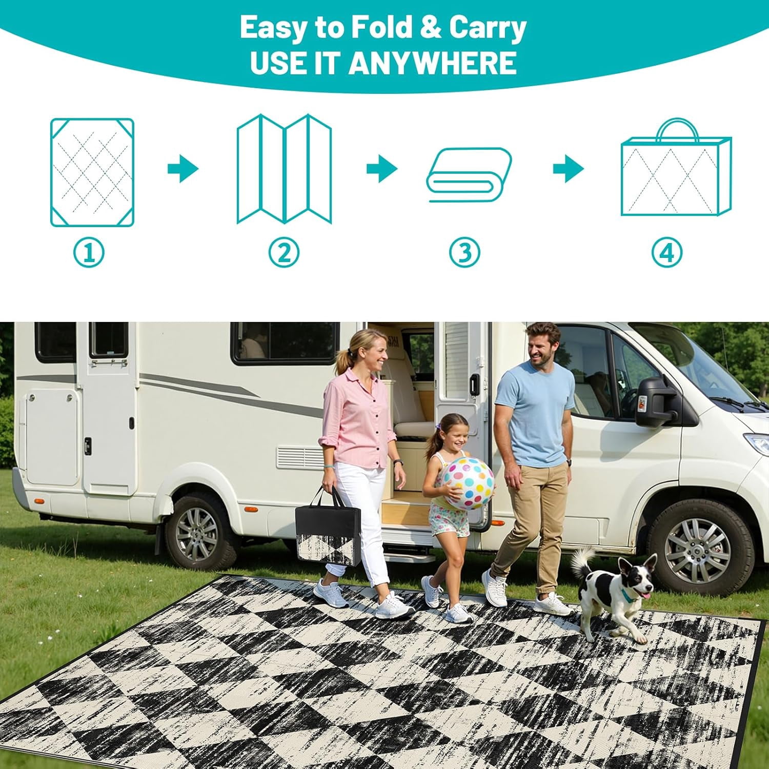Findosom Outdoor Rug Waterproof 6'x9' Patio Rugs Foldable Reversible Camping Mat for RV,Deck,Porch,icnic,Beach,Balcony,Black & White