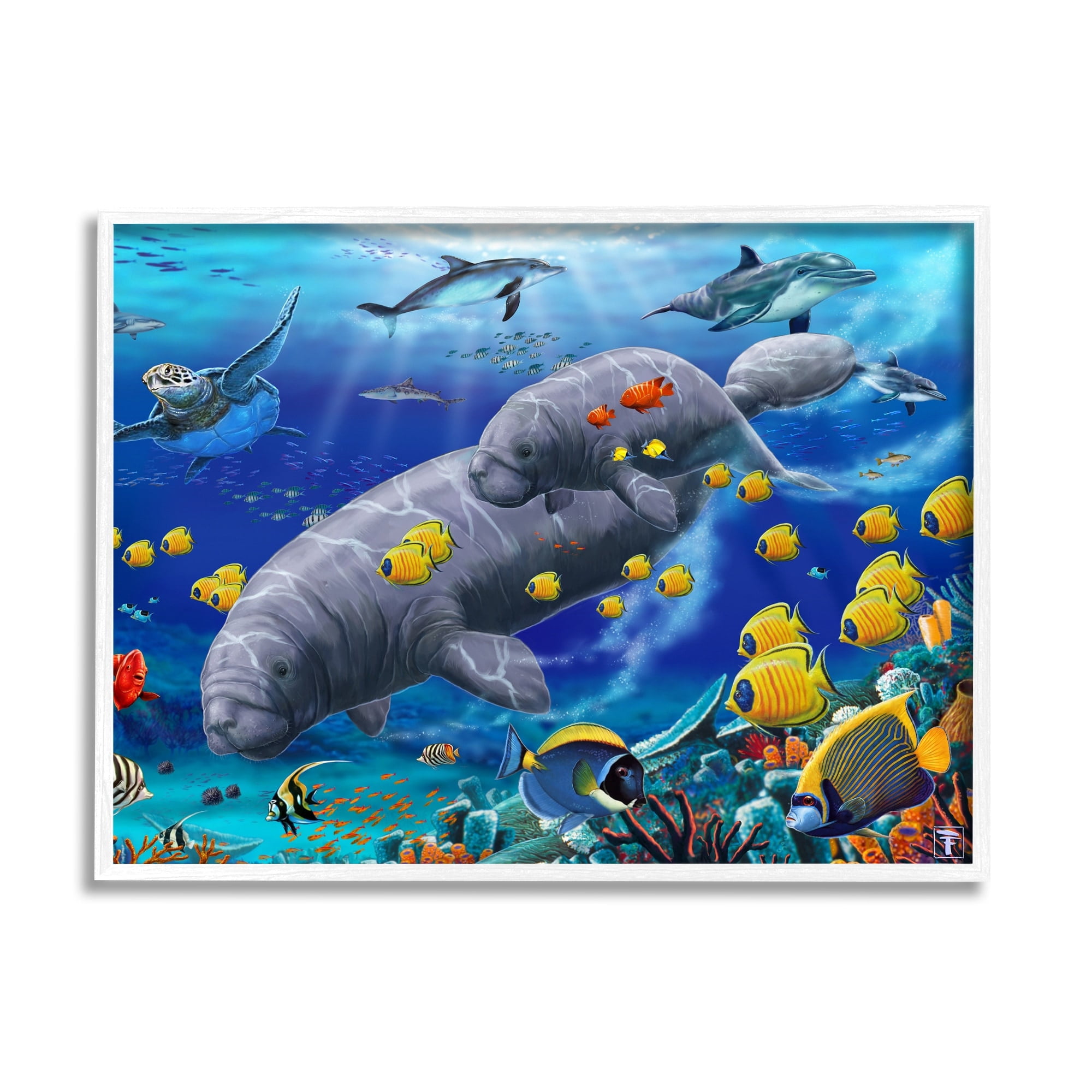 Stupell Industries Manatees & Fish Swimming Coastal Painting White Framed Art Print Wall Art