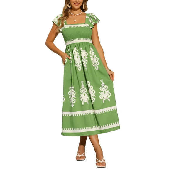 DARING DIVA Square Neck Flutter Sleeve Smocked Flowy Maxi Boho Dress XS Green