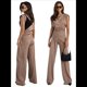 thumbnail image 3 of Traje Informal Sin Mangas Plisado con Cuello Redondo para Mujer, Chaleco de Cuello Redondo, Pantalón de Pierna con Bolsillo, Color Caqui, Talla XL, 3 of 8