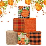 6 Rolls 30 Yards Fall Burlap Ribbon, 2.5″W Buffalo Plaid Wired Edge Ribbon with Pumpkin Pattern Thanksgiving Theme Craft Ribbon Rustic Autumn Harvest Ribbon for Wrapping Gifts Making Wre