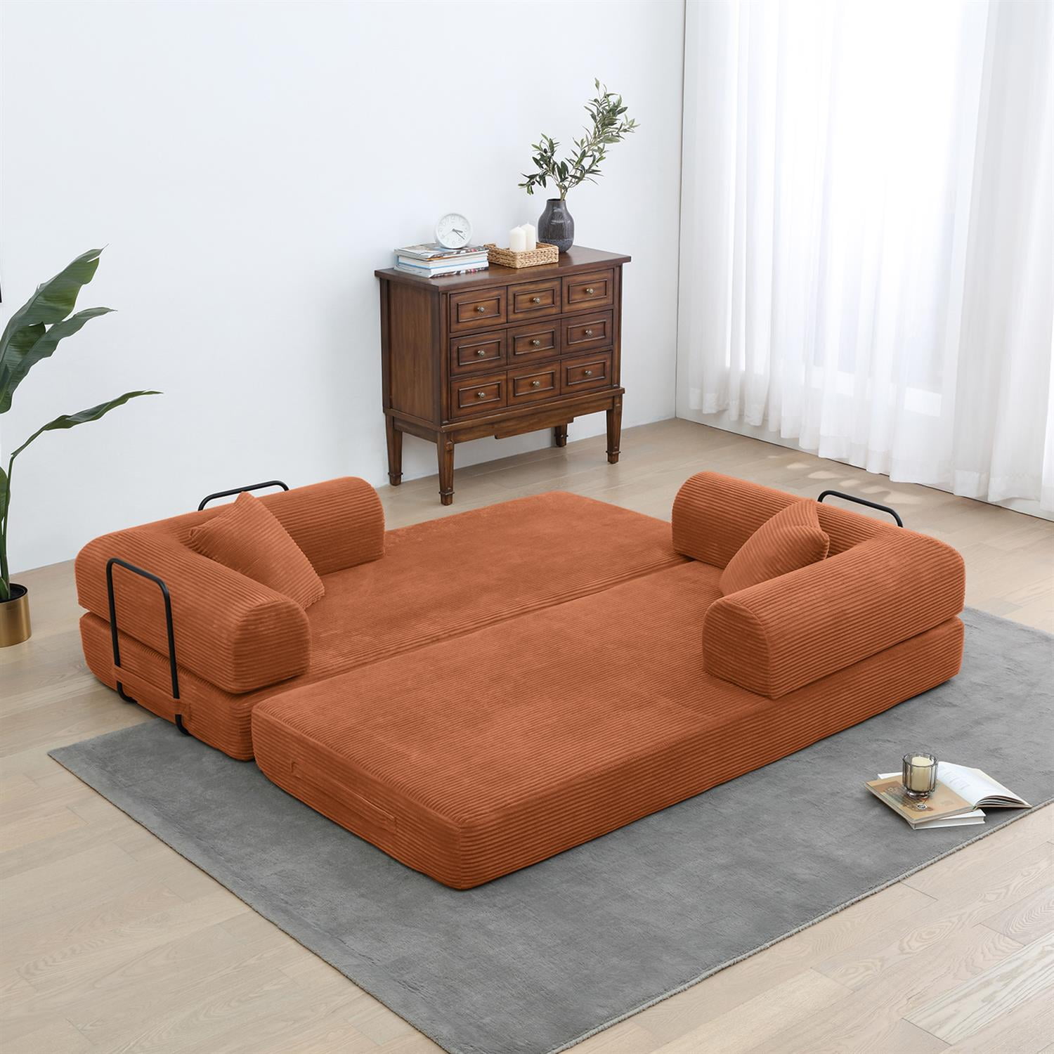 Demi Bonn 77" Convertible Sleeper Sofa Bed, Corduroy Foldable Mattress Couch with Cylindrical Pillow & Fixed Frame for Living Room, Bedroom, Orange