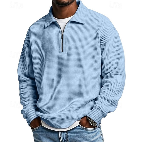 Long Sleeve Polo Shirts for Men Big and Tall Quarter Zip Collared Waffle Shirt Casual Thermal Workout Golf Clothes Light Blue M