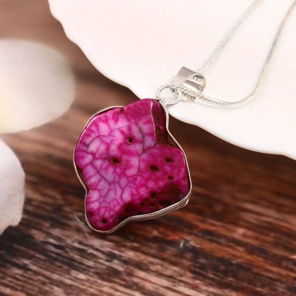 Gems N Jewels Pink Agate Druzy Gemstone Pendant 925 Sterling Silver Jewelry For Men/Women