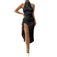 thumbnail image 3 of TaTaai Womens Elegant Halter Neck Dress Mock Neck Sleeveless Satin Ruched Bodycon High Split Solid Color Glossy Midi Dress for Evening Formal Event Gift, 3 of 6