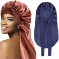 thumbnail image 1 of wonima11 2Pcs Bonnets for Women Sleeping Braid Bonnet, Large Long Satin Silk Bonnet for Braids, Black Women Braid Bonnets with Stretchy Tie Band for Sleeping Extra Long (Brown & Dark Blue) Purple, 1 of 1