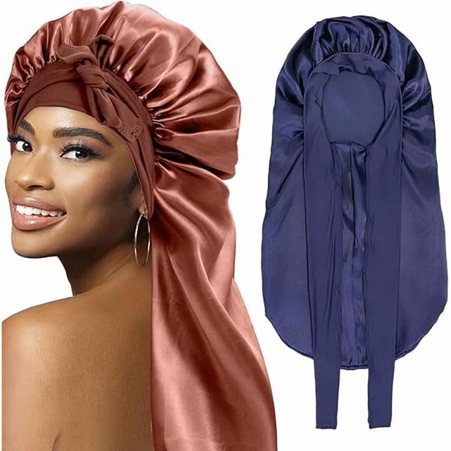 wonima11 2Pcs Bonnets for Women Sleeping Braid Bonnet, Large Long Satin Silk Bonnet for Braids, Black Women Braid Bonnets with Stretchy Tie Band for Sleeping Extra Long (Brown & Dark Blue) Purple
