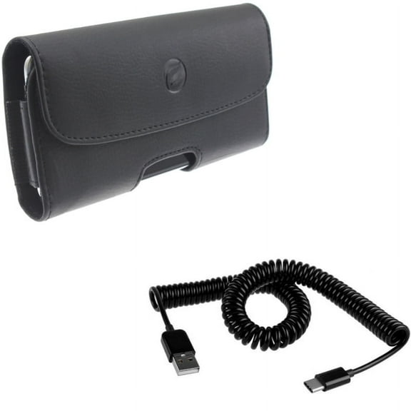 Black Leather Case Side Cover Protective Pouch w Black Coiled Type-C Cable Rapid Charge USB Wire Sync Q6J for Alcatel 7 - Coolpad Legacy - Nokia 3.1 Plus - OnePlus 7 Pro