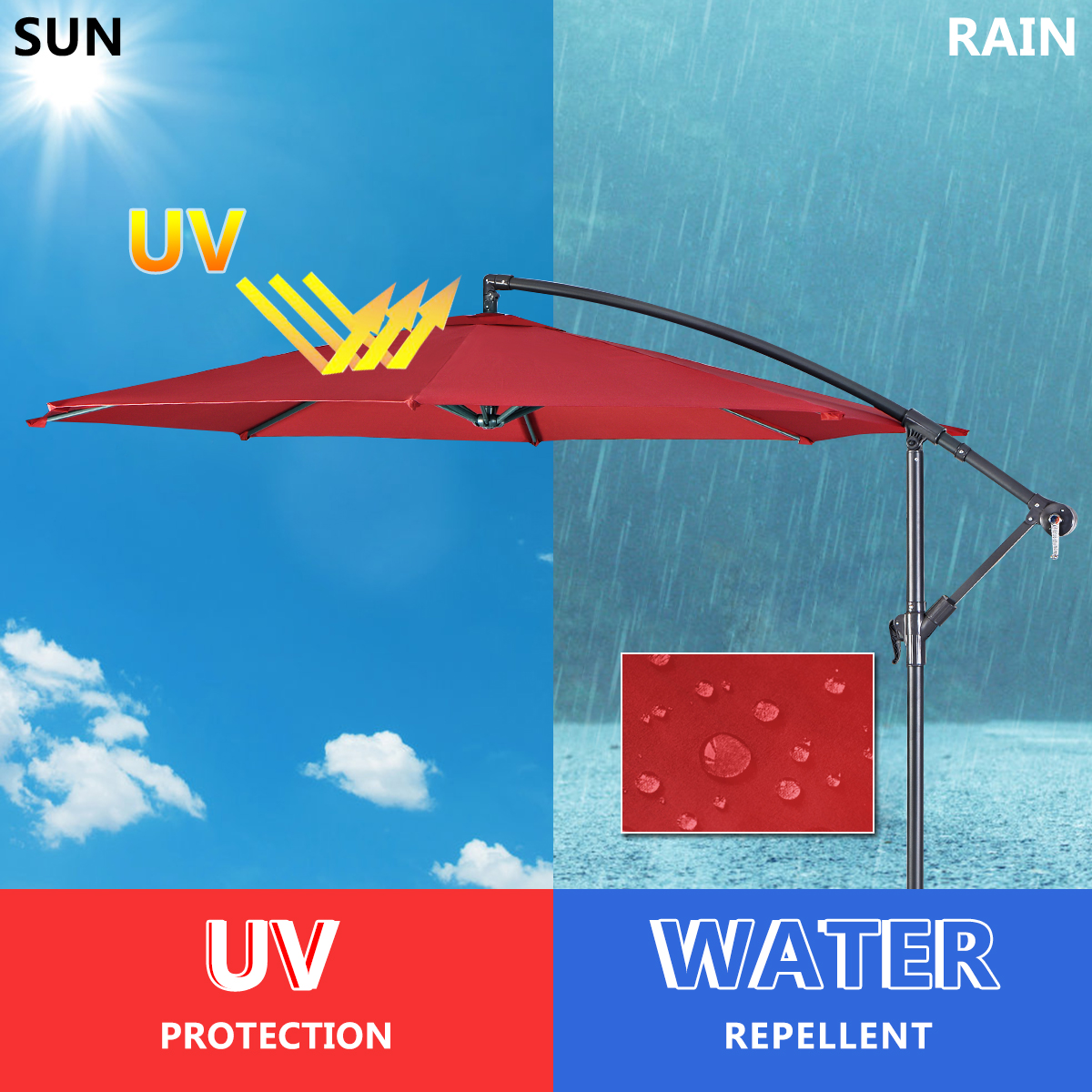 Costway 10' Hanging Umbrella Patio Sun Shade Offset Outdoor Market W/t Cross Base Burgundy - image 2 of 8