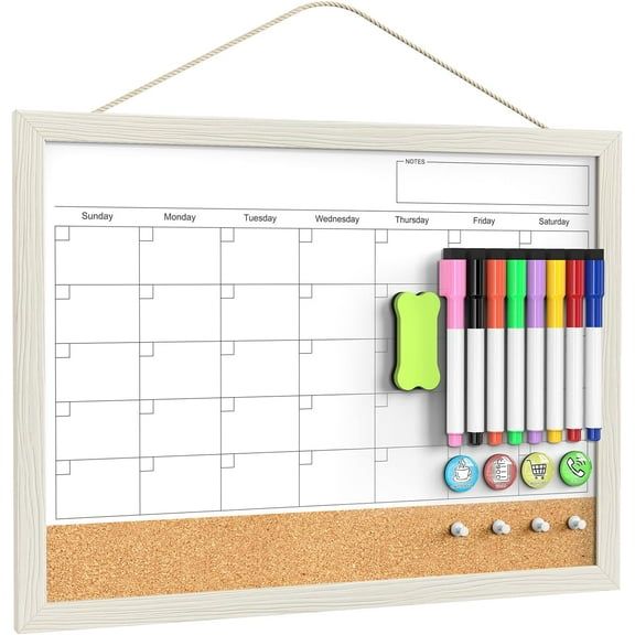 Calendar Whiteboard for Wall, 17x13 Inches Cork Board Combo, Small Magnetic White with Wood Framed, Hanging Dry Erase Kitchen Home Office School Planner