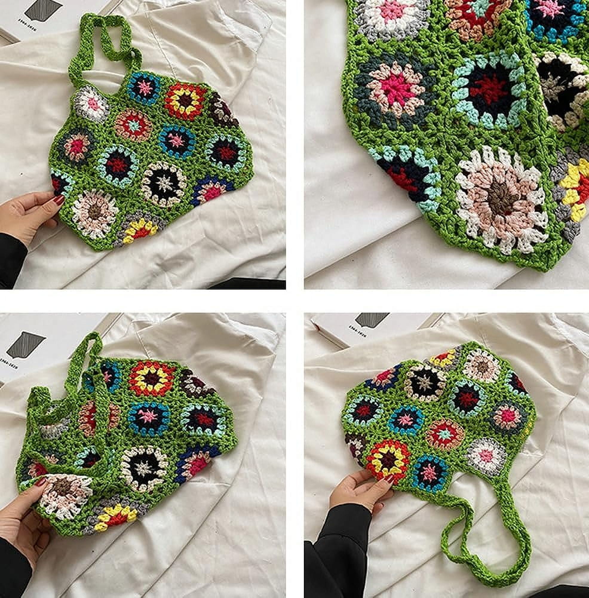Kukuzhu Cute Floral Knitted Shoulder Bag Women Aesthetic Fairy Y2k Hobo Bag Crochet Small Hand Woven Beach Mesh Tote Purse