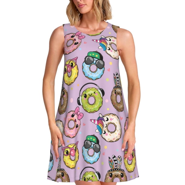 Fotbe Cute Donuts Vestido de Verano sin Mangas para Mujer – Vestido Midi Línea A, Estilo Camiseta Floral, Vestido Playero Casual y Fluido