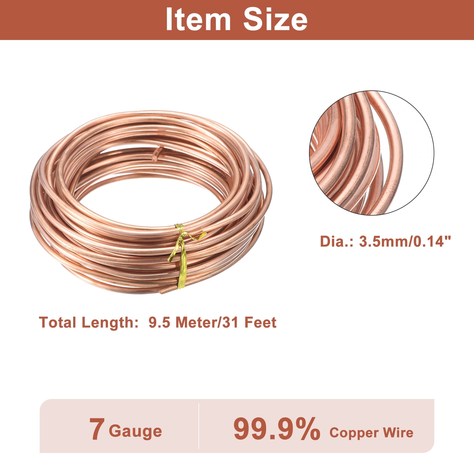 Uxcell Soft Copper Wire (7 Gauge, 31 FT), 99.9% Pure Bare Copper Wire for Crafts