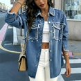 thumbnail image 2 of Womens Jeans Jacket Solid Color Lapel Button Down Denim Casual Outerwear Long Sleeve Front Pockets Jacket for Spring and Fall, 2 of 9
