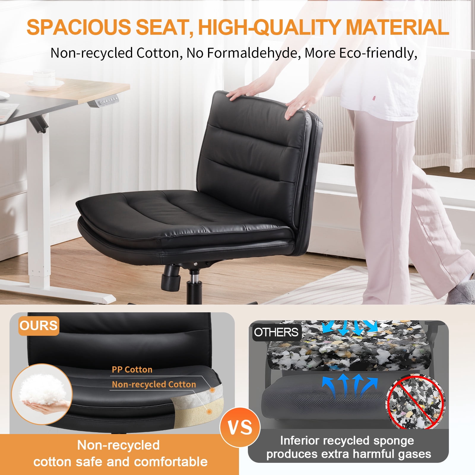 COMHOMA Armless Office Desk Chair with Wheels, PU Leather Padded Cross Legged Office Chair, Modern Swivel Vanity Chair Height Adjustable Wide Seat Computer Task Chair, Balck