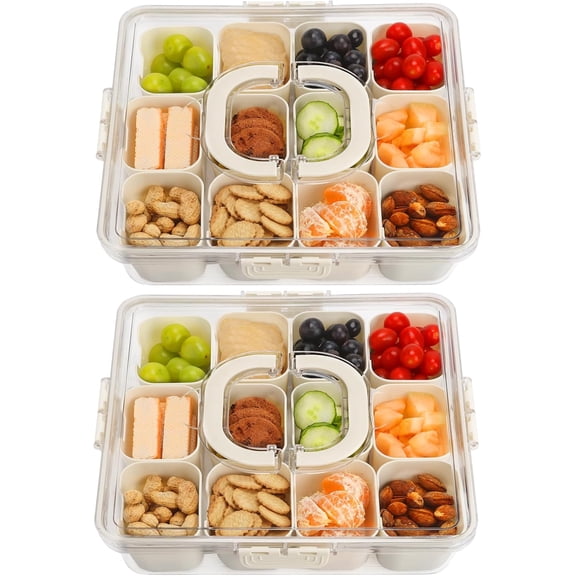 TT-2Pcs Snackle Box Container, Divided Serving Tray with Lid and Handle, Snack Box Container Food Platter Charcuterie for Party, Veggies, Snack, Fruit, Nuts, Entertaining, Picnic, LARGER SIZE