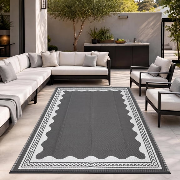 Outdoor Rug 8x10 Patio Waterproof, Reversible Plastic Straw Rugs for Camping, Picnic, Balcony, Porch, RV, Easy-Clean & Quick Dry Scalloped Pattern Large Indoor Outdoor Carpet, Grey