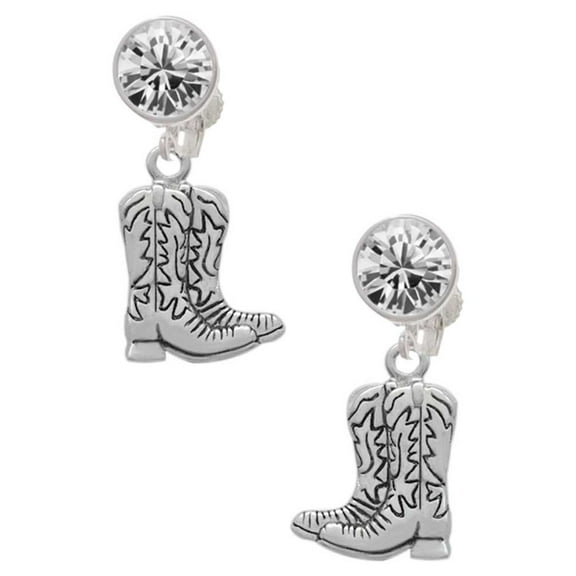 Silvertone Cowboy Boots Clear Crystal Clip On Earrings
