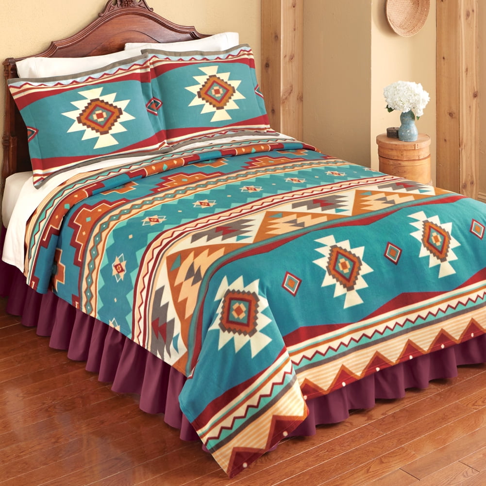 Southwest Turquoise, Red & Brown Native Aztec King Fleece Quilt