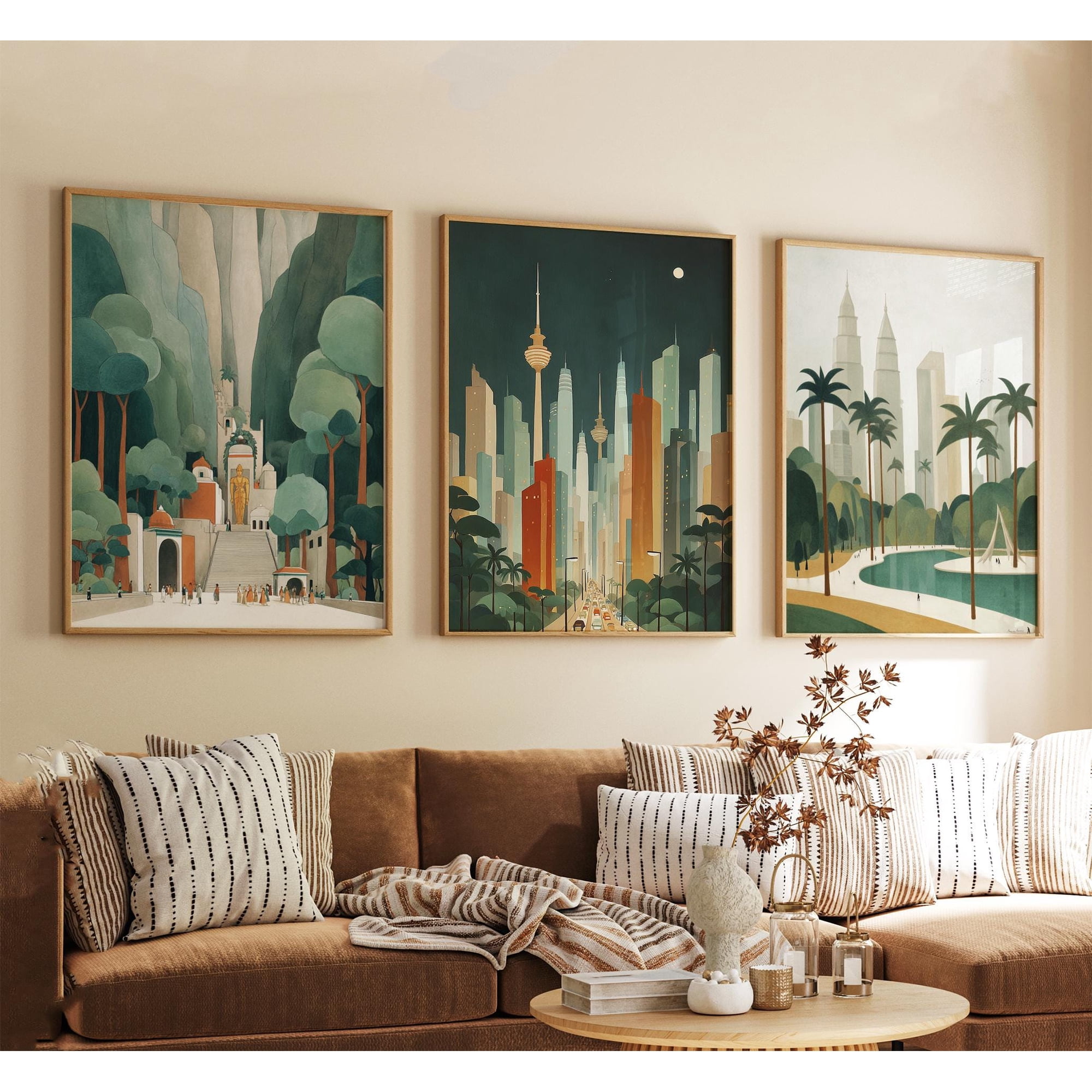 Kuala Lumpur Malaysia Poster Vintage Inspired City Skyline Wall Art Neutral Asian Travel Prints Set 3