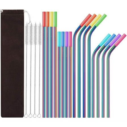 NOGIS 16 Metal Straw Reusable Straws 8.5" 10.5" 6mm Stainless Steel Straws for Tumblers 20oz-32oz, Rainbow Drinking Straws with Silicone Tips, 4 Straw Cleaner Brush