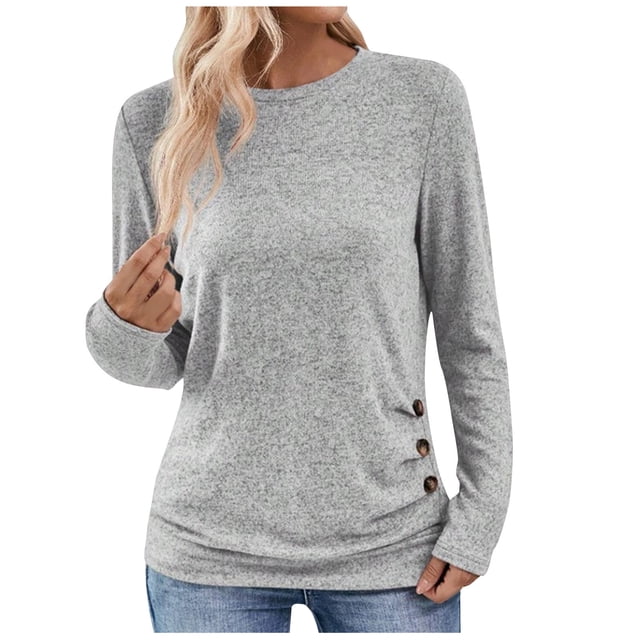 Bowake Tunique Automne Printemps pour Femmes Col Rond Boutons Manches Longues Chemises Basiques Décontractées Blouse Ample pour Sortir