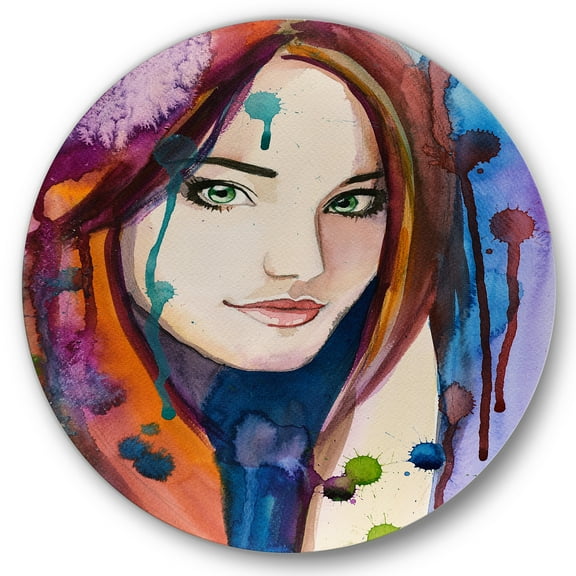 Designart 'Colorful Portrait Of Green Eyes Young Woman' Traditional Circle Metal Wall Art 36x36 - Disc of 36