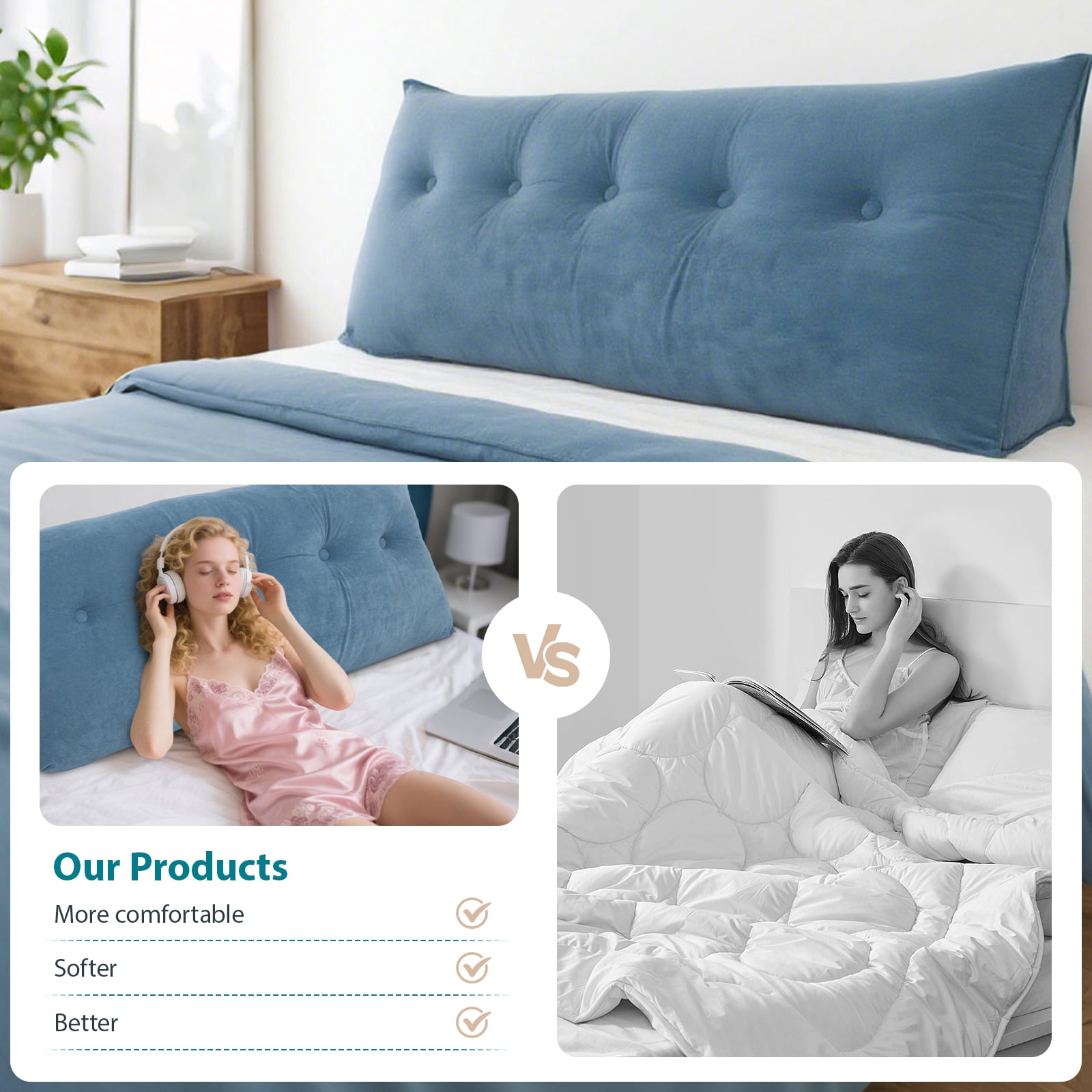 Wedge Pillow Headboard, Triangle Headboard Pillow for Bed,  King, Blue