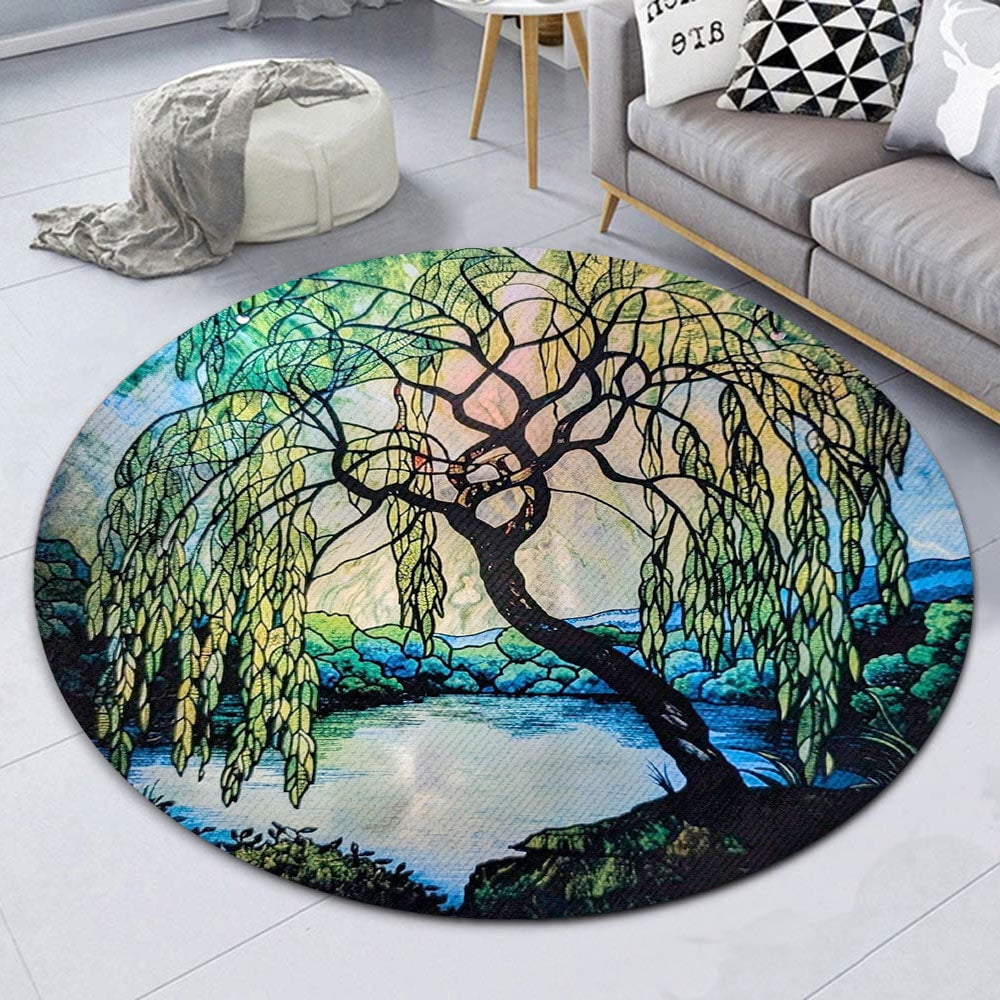 Round Area Rug, Weeping Willow Non-Slip Floor Mat, Soft Washable Carpet for Living Room Bedroom Decor 24 Inch