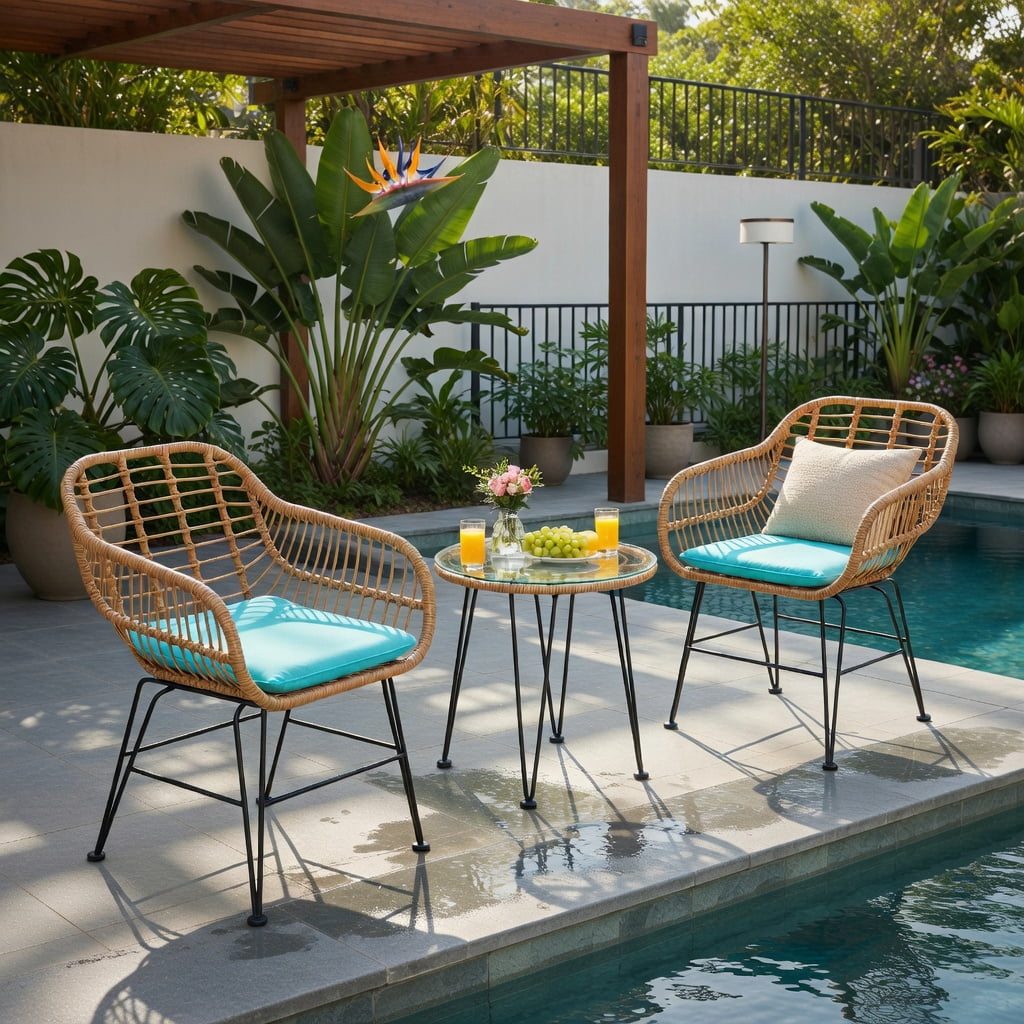 Hommoo 3-Piece Rattan Outdoor Furniture Set, 2 Cushioned Chairs + Tempered Glass Coffee Table, Turquoise