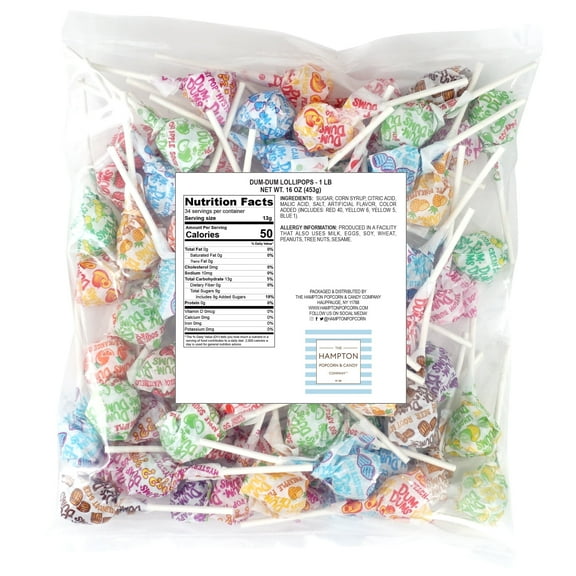 DUM DUMS Original Mix Lollipops, 1 lb Bag (60 Pieces Approx.), Gluten Free Hard Candy, Assorted Flavors, Individually Wrapped Lollipops, The Hampton Popcorn & Candy Company