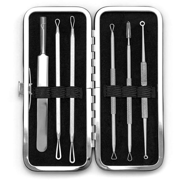 Juego de 6 piezas de removedor de espinillas y extractor de acné que trata específicamente las imperfecciones de la cara, granos y puntos blancos. El relleno perfecto para calcetines incluye caja de r