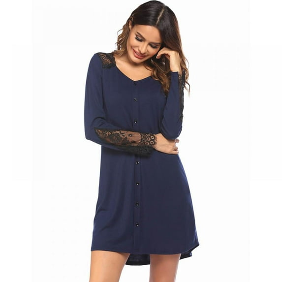 Forzero Ladies New Lace Stitching Solid Color Plus Size Pajamas Nightgown