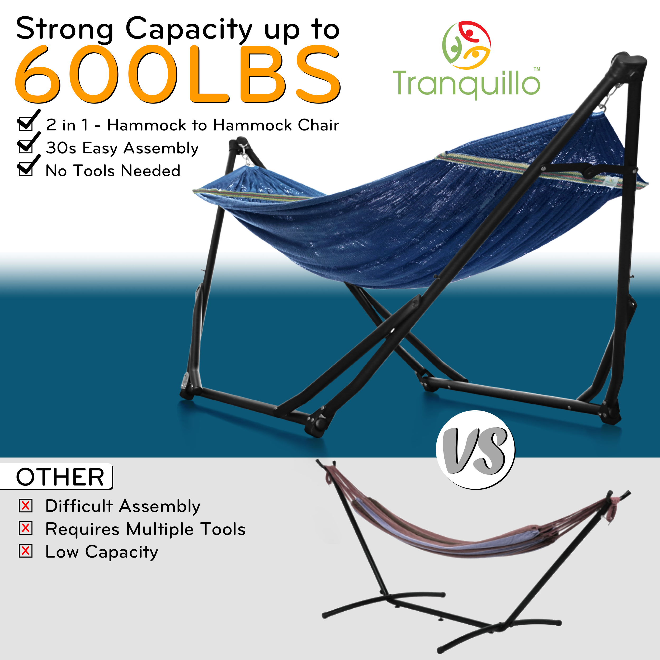 Tranquillo UniGen Hammock, Hammock with Stand Heavy Duty Indoor/Outdoor Hammock with Signature Steel Stand, 600lbs Premium Foldable, Durable 2-Layered Soft Polyester, Aegean