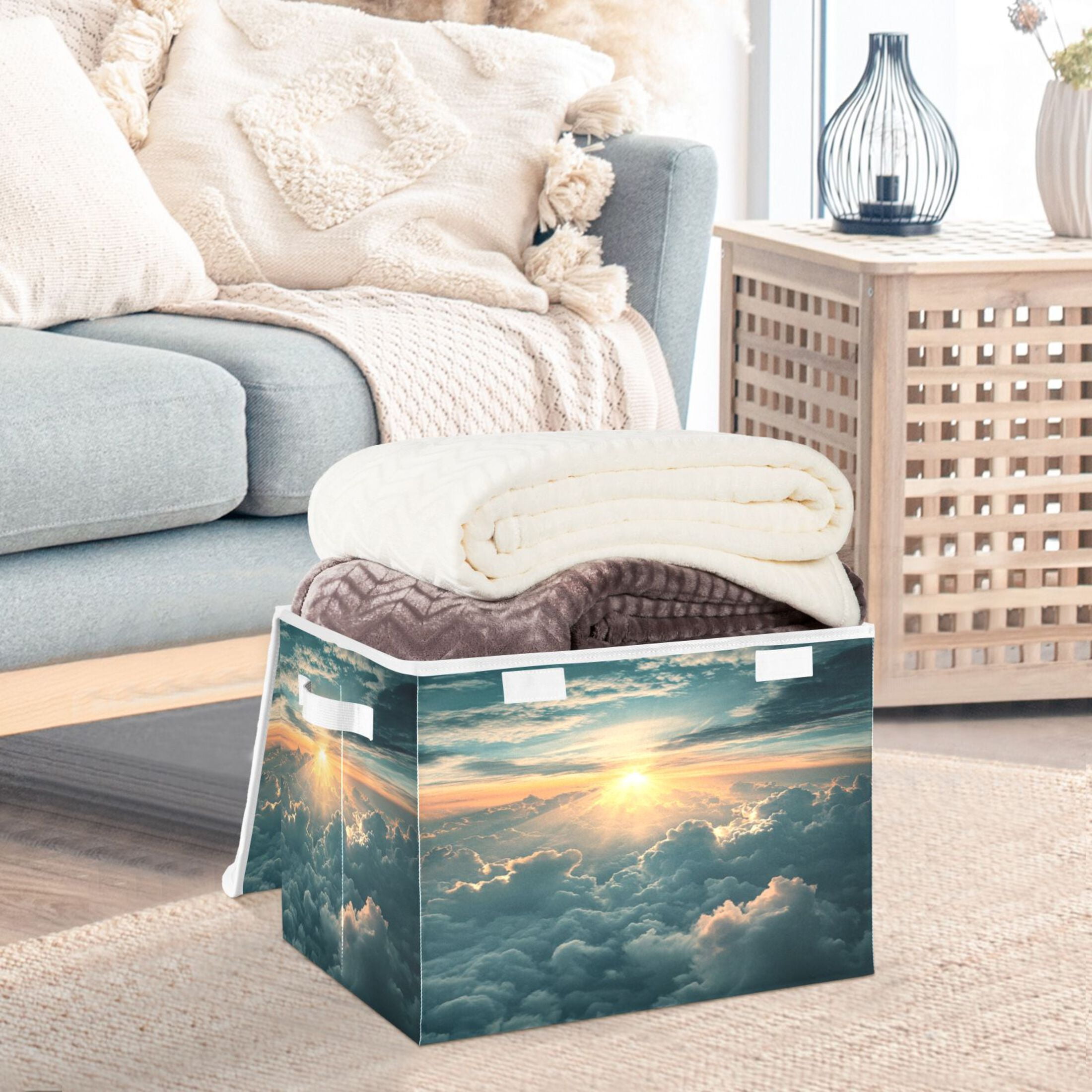 Storage Box With Lid 16.5x12.6x11.8In Foldable Stacked Household Storage Box Sky Picture