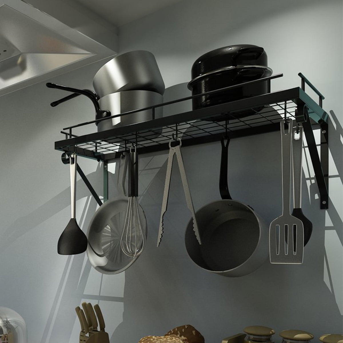 Kitchen Wall Mounted Pot Pan Rack Holder Cookware Storage Shelf Hanger
