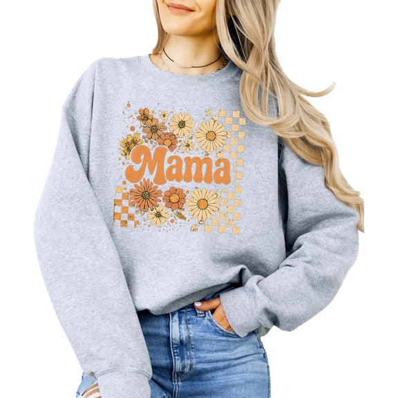 Trendy Mama Checkered Fall Sweatshirt for Women Orange Daisy Floral Sweater Gray Sweatshirt Adult Small