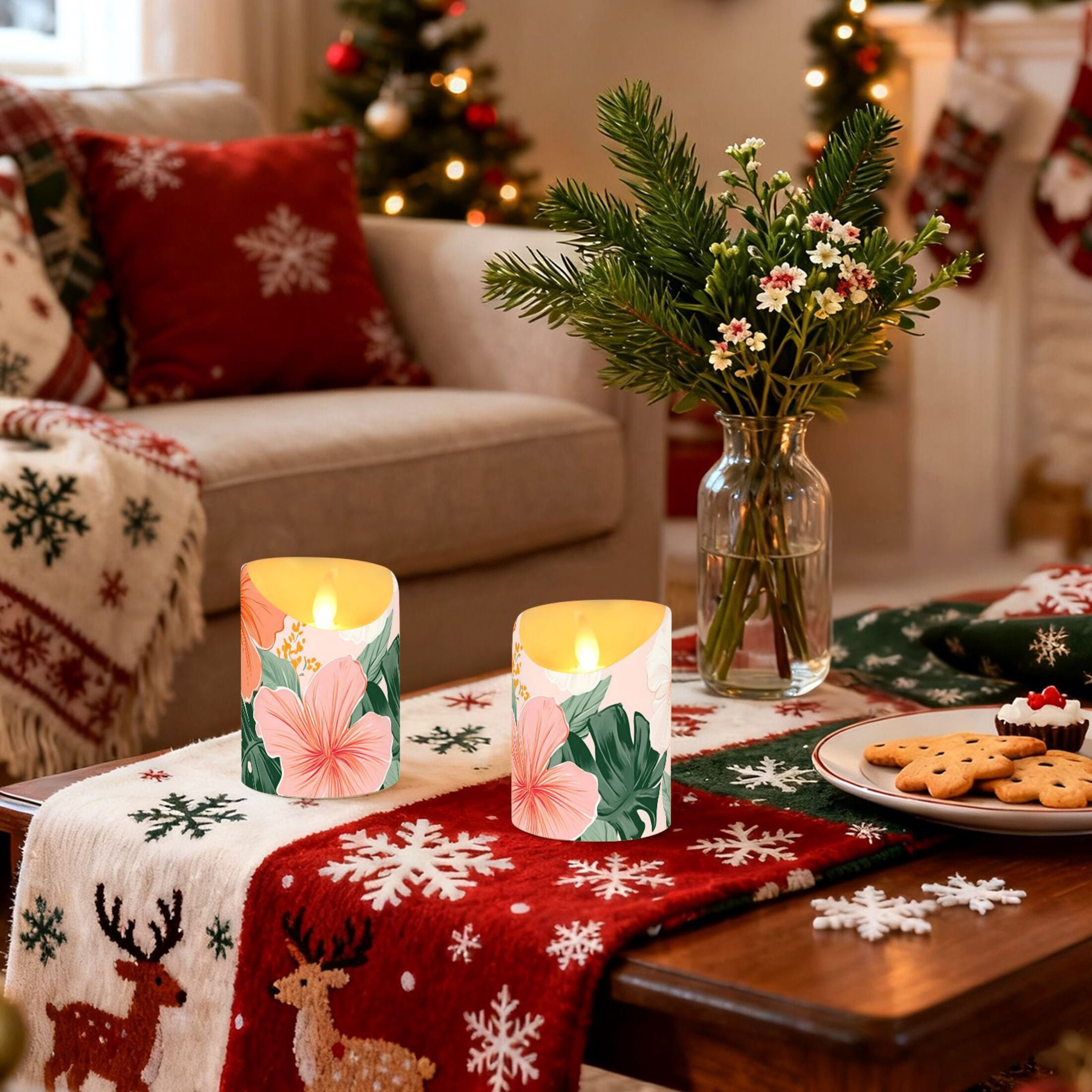 Colorful Hibiscus Florals Palm Leaves Hawaii Flickering Flameless Candles with Remote Timer Battery Operated LED Tealight Set of 2 M