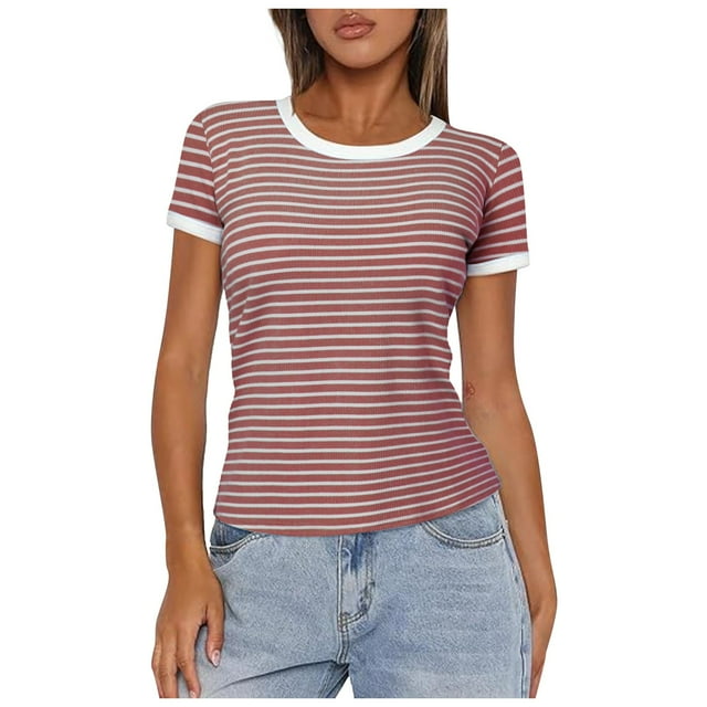 TSADFHJI Peplum Tops for Women Summer Women Summer Short Sleeve Shirts Crewneck Striped Color Block T Shirts Slim Fit Ribbed Knit Basic Tee Tops Xxl Red