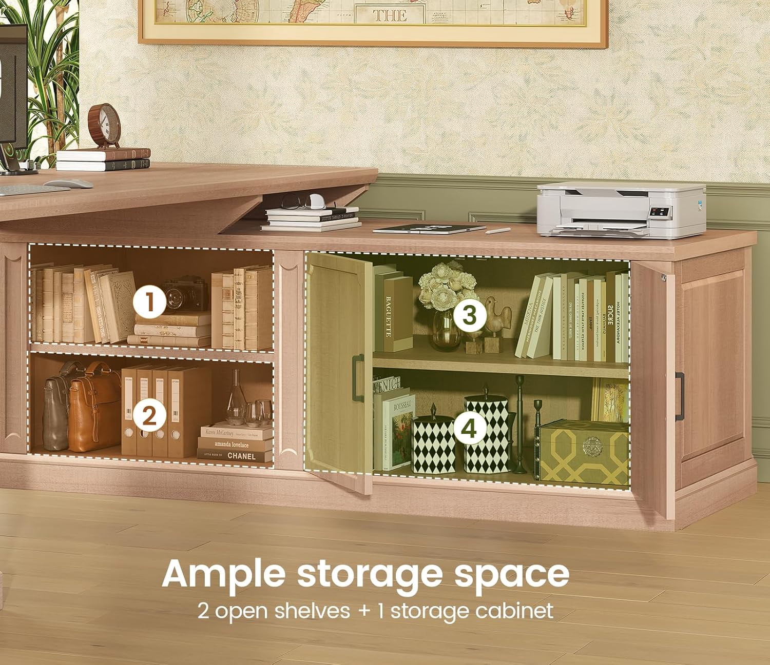 SEDETA Farmhouse L Shaped Desk with Storage, 70.9" Home Office Desk with Storage Cabinet and Storage Shelves, L Shaped Computer Desk with Power Outlet for Bedroom, Office, Oak