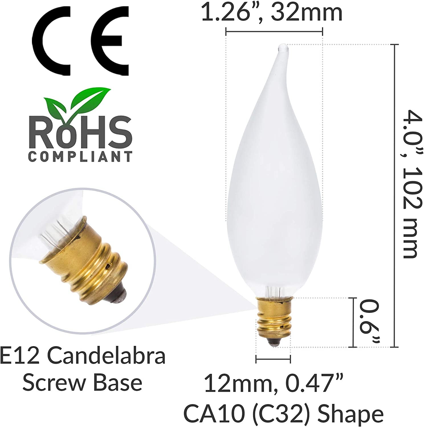 Candelabra Flame Tip Frosted CA10 25W E12 Base (12 Pack) Decorative Incandescent Light Bulbs 120V for Chandeliers, Ceiling Fan Lights, Pendants, Wall Sconces, Dimmable, Warm White 2700K