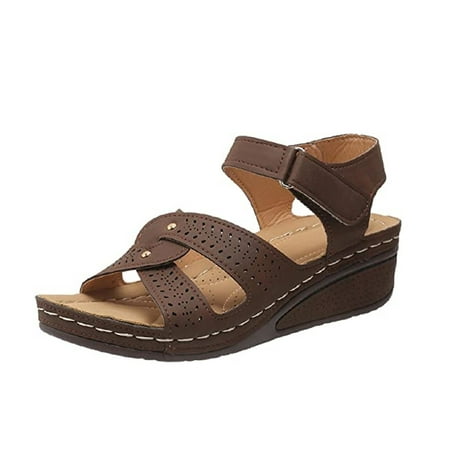 CHOII 50% Clearance Comfortable Women s Orthopedic Sandals Fishmouth Wedges High-heeled Shoes Women s Shoes Sandals Velcro Slippers Ankle Strap Sandals Comfort Sandals Brown/8