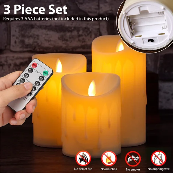 3X Led Flameless Candles Wax Pillar Battery Operated Candle Remote Control Timer
