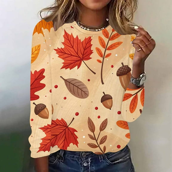 Craaazy Long Sleeve Shirts for Women Casual Crewneck Pullover Blouse Vintage Maple Leaf Print Loose Tops Gifts
