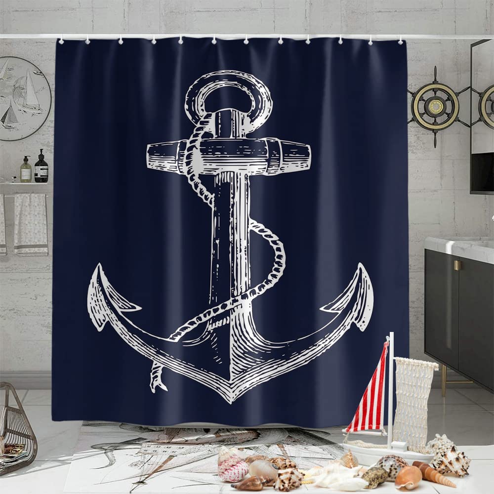 Custom Nautical Navy Blue Anchor Shower Curtain, 70x72 inch